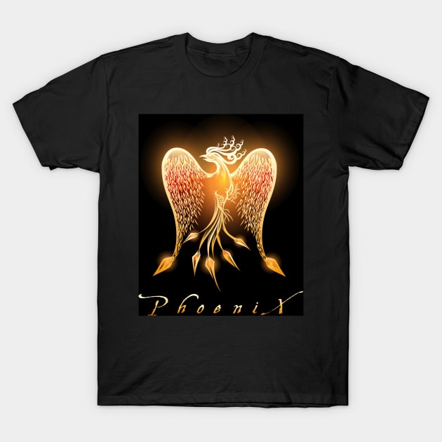 Burning Phoenix Bird on Black Background T-Shirt by devaleta